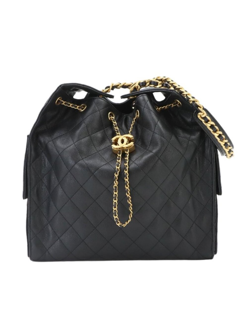 Chanel 25 Chain Shoulder Bag Caviar Leather Black Gold